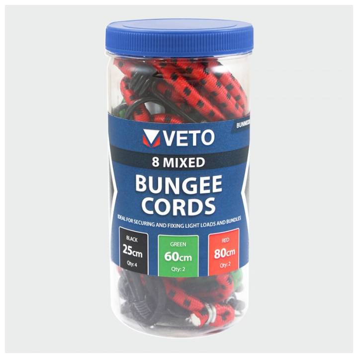 VETO BUNGEE CORDS ASSORTED 8 PK