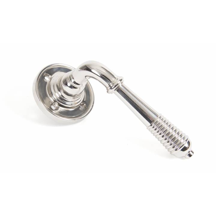 Polished Nickel Reeded Lever on Rose Set Door Handle