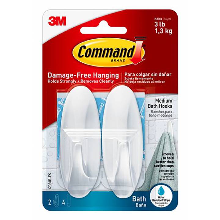 COMMAND MEDIUM WHITE BATHROOM HOOKS PK.2