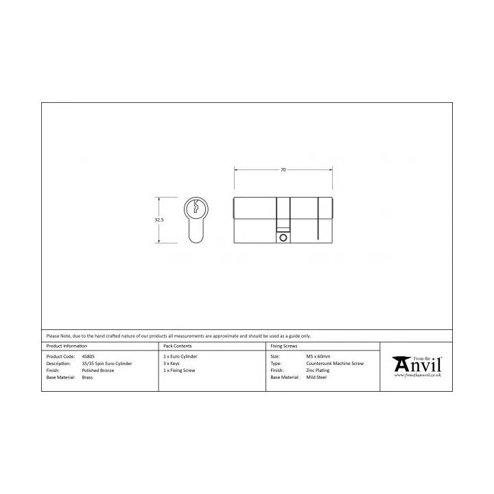 Polished Bronze 35/35 5pin Euro Cylinder