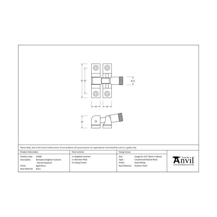 Aged Brass Brompton Brighton Fastener - Narrow (Square)