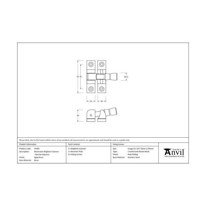 Aged Brass Mushroom Brighton Fastener - Narrow (Square)