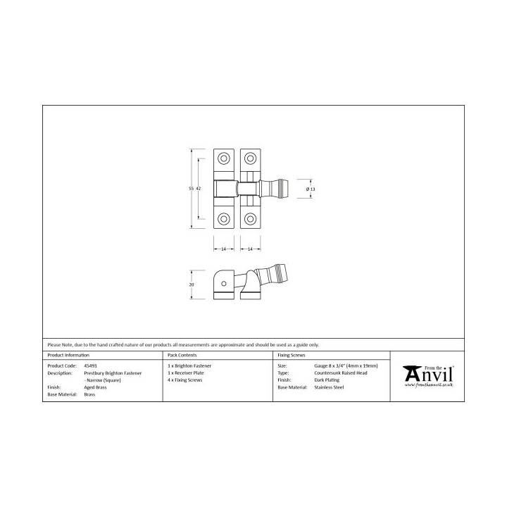 Aged Brass Prestbury Brighton Fastener - Narrow (Square)