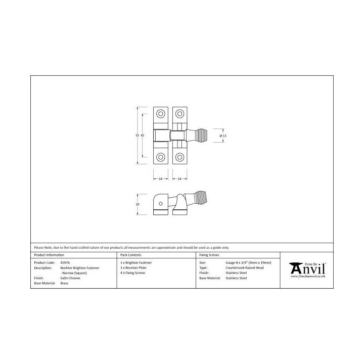 Satin Chrome Beehive Brighton Fastener - Narrow (Square)