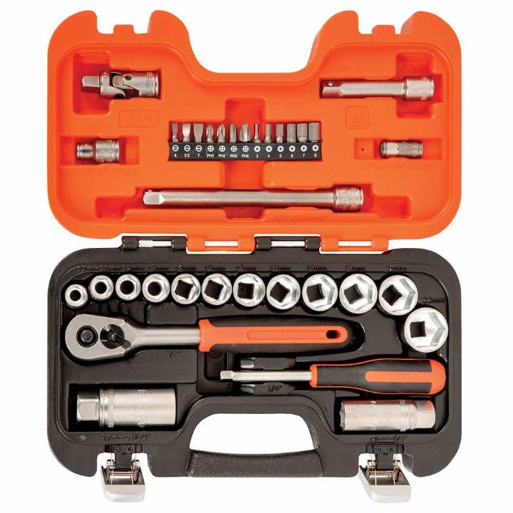 BAHCO SQUARE DRIVE SOCKET SET METRIC HEX AND RATCHET 1/4 3/8IN 34PC